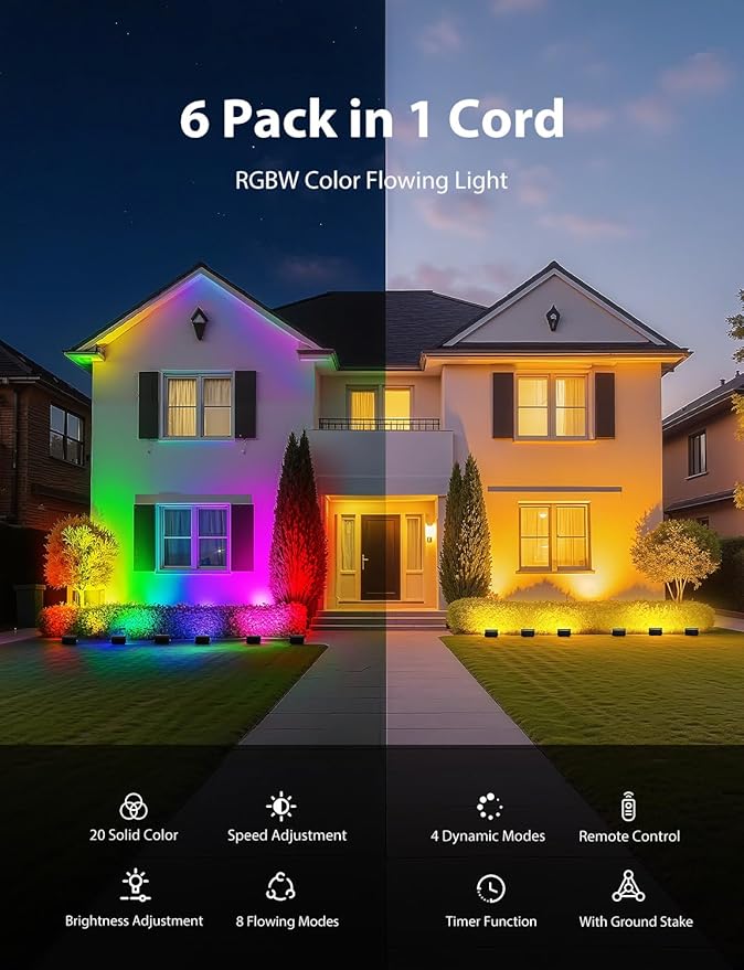 Onforu RGBW Flood Lights Outdoor Remote Control, Color Changing LED Landscape Lights, IP65 Waterproof Uplights for Events, Uplighting for Halloween Christmas Garden Yard Party, Wired 6 Pack 60W