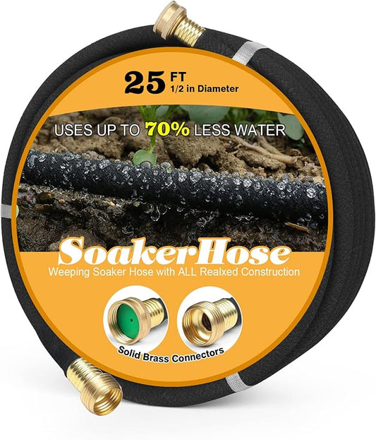 Soaker Hose 25ft for Garden Beds, Solid Brass Interface Irrigation Save 70% Water Heavy Duty Rubber 1/2" Diameter Great for Gardens/Flower Beds