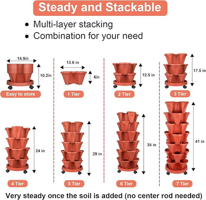 Vertical Planter 7 Tier Stackable Planters Garden Planters Strawberry Herb Flower and Vegetable Planter Indoor Outdoor Gardening Pots with Removable Wheels and Tools