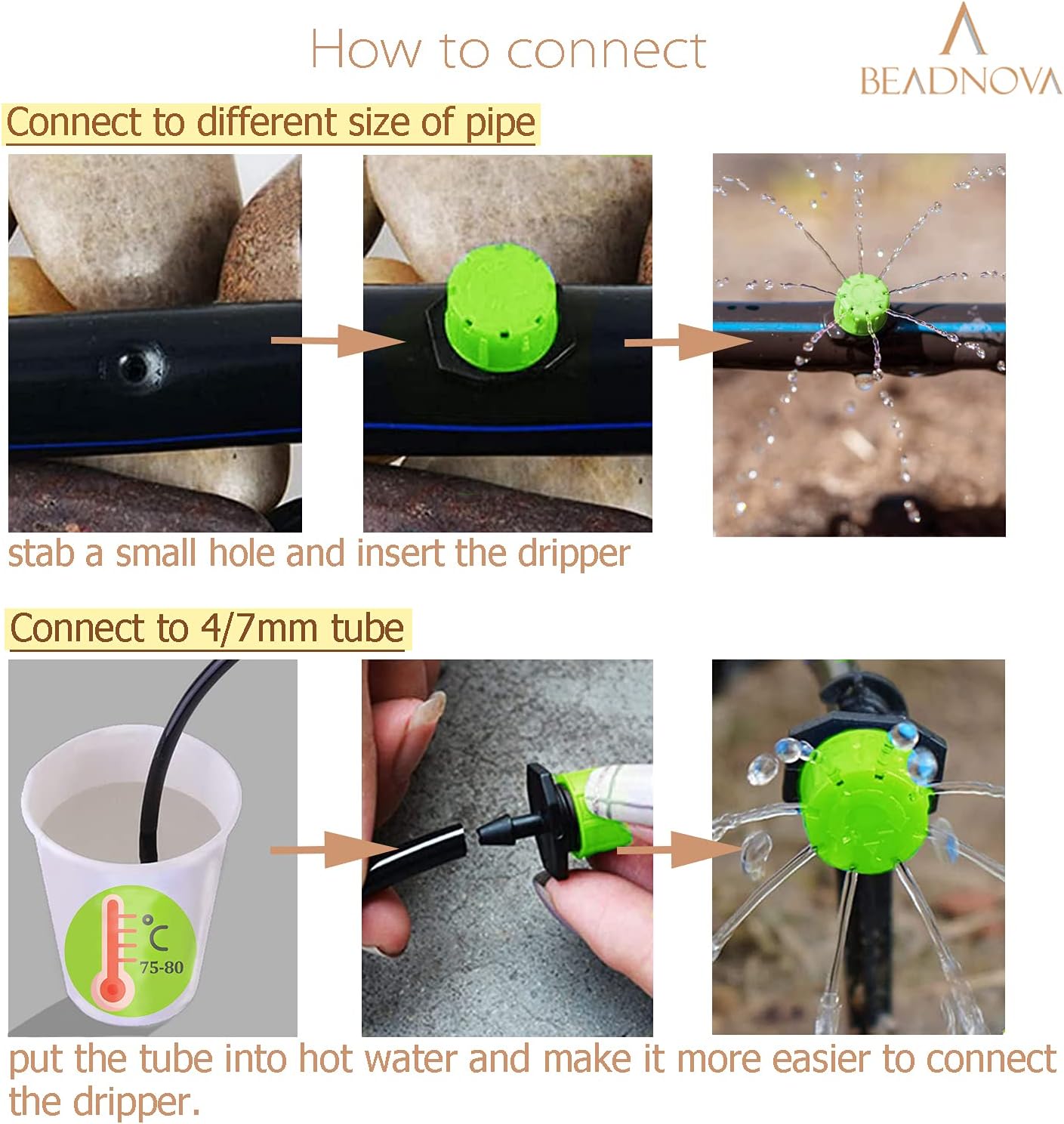 BEADNOVA Drip Irrigation Emitters 50 Pcs Irrigation Drippers 360 Degree System Emitters Sprinklers Drippers for Drip 1/4 Inch Tube Gardening (Green)