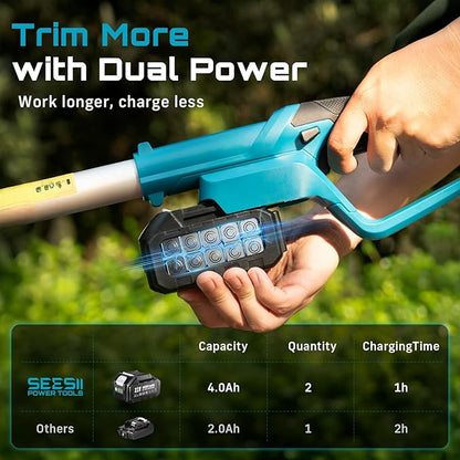 SEESII Pole Hedge Trimmer Cordless: Electric Bush Trimmer Tool for Yard - 16" Dual-Action Blade, Detachable Telescoping Pole, Dual 4.0Ah Battery, Powerful Branches Cutter for Tree & Shrubs Pruning