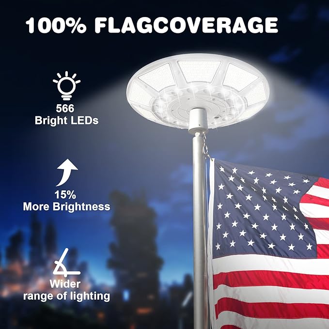 Flag Pole Light Solar Powered Solar Flagpole Light with DC Charge Port Top Mount 566 LED Brightest Water Resistant Outdoor Dusk to Dawn American Flag Lights Fits 15-40 ft Flagpoles