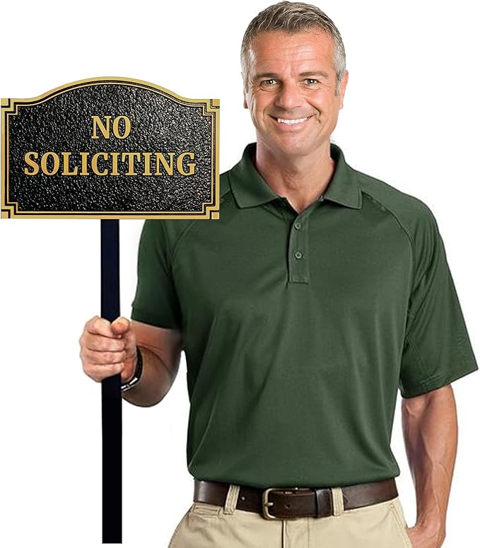No Soliciting Statement Plaque, Solid Metal Cast Yard Sign, Thick and Sturdy Material, Embossed Letters, 11.5” x 7.5" Heavy Duty Sign with 31.5" Stakes and Upgraded Stainless Screws