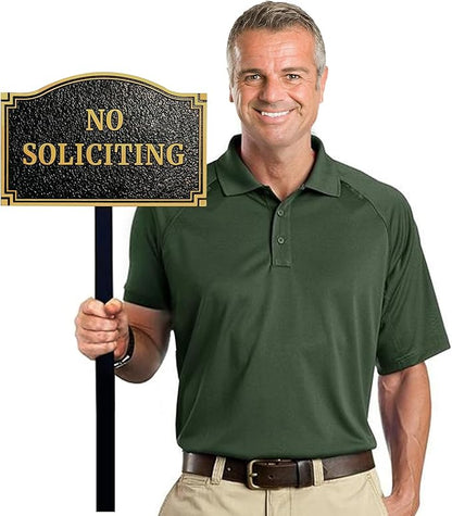 No Soliciting Statement Plaque, Solid Metal Cast Yard Sign, Thick and Sturdy Material, Embossed Letters, 11.5” x 7.5" Heavy Duty Sign with 31.5" Stakes and Upgraded Stainless Screws