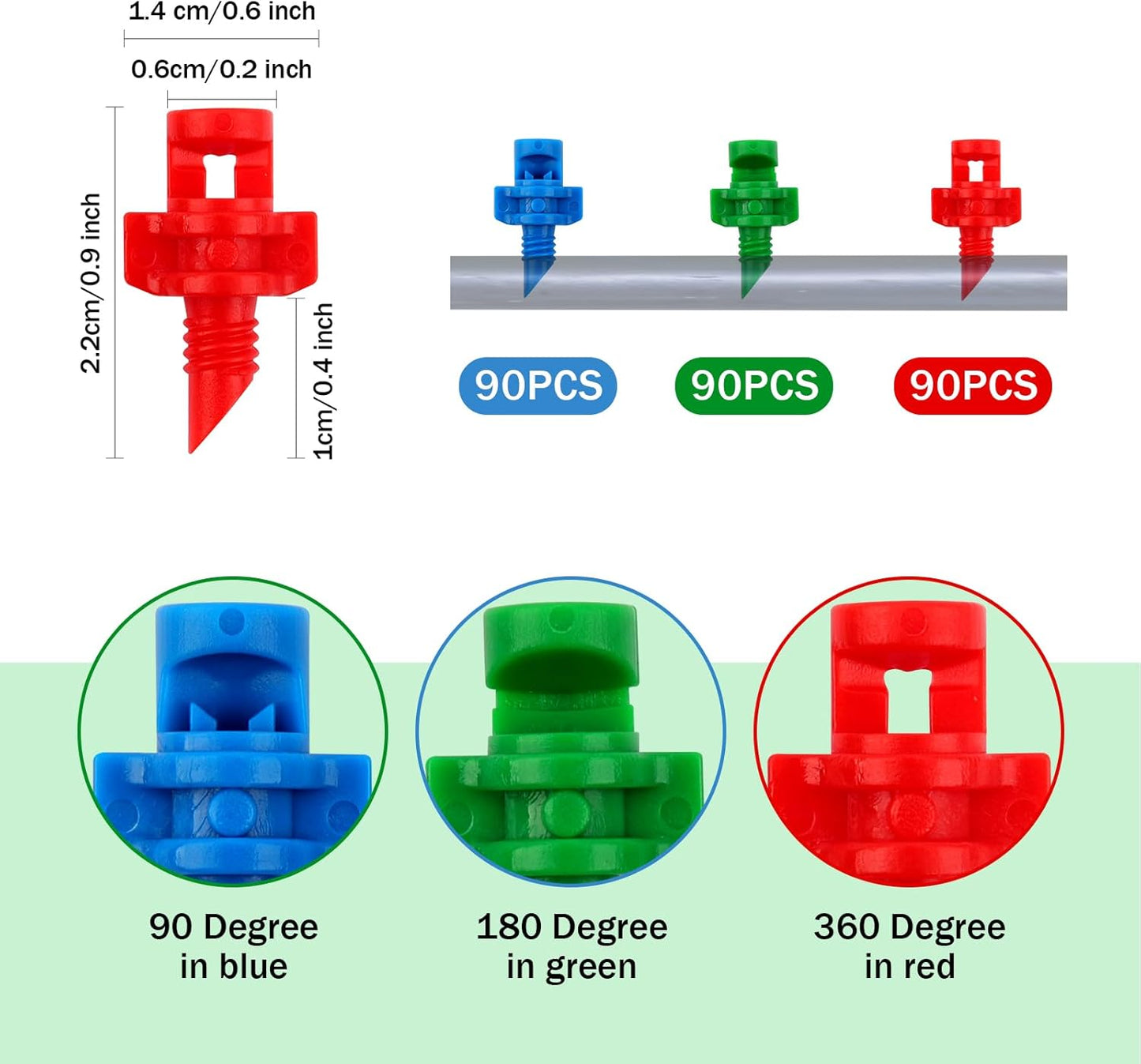 270pcs Drip Irrigation Emitters 90/180/360 Degree Micro Sprinkler Heads Misting Sprinkler Refraction Automizing Sprinkler Nozzle Misting Nozzles for Garden Agriculture Lawn Irrigation System