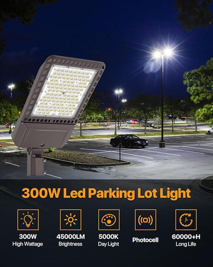 Led Parking Lot Light 300W 45,000LM Slip Fitter Led Street Pole Light with Dusk-to-Dawn Photocell 100-277V IP65 Waterproof Outdoor Commercial Area Lighting for Parking Lot, Roadways 3Pack