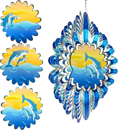 Animated Dolphin Wind Spinner | 3D Holographic Stainless Steel Kinetic Wind Spinners, Magical Dolphins Leaping Illusion, Outdoor Yard Art Garden Decor, Gift for Ocean Lover