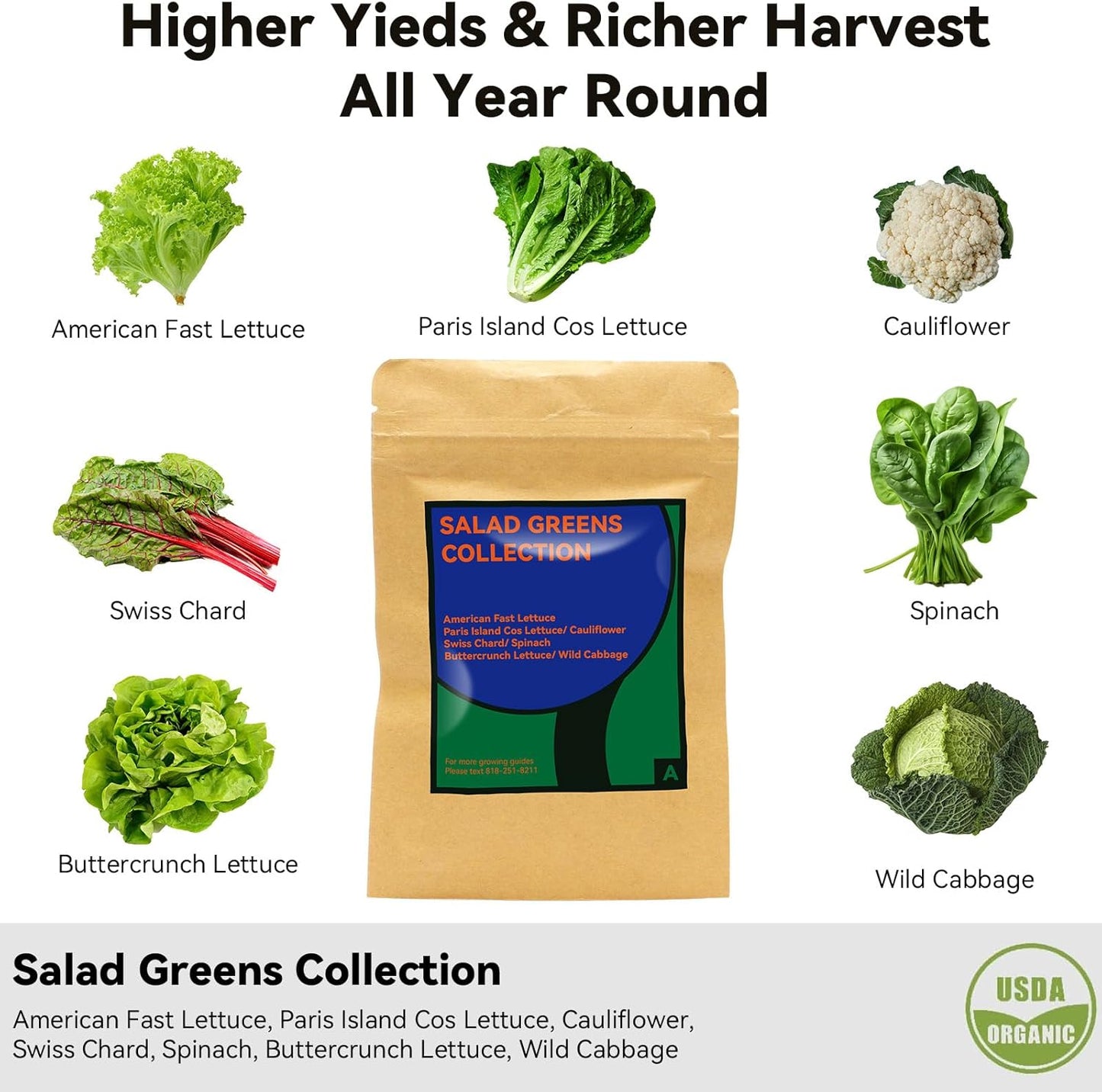 Salad Greens Seed Pod Kit for AeroGarden Hydroponics Growing System, 50 Pods Indoor Home Garden with American Fast/Paris Island/Buttercrunch Lettuce, Swiss Chard, Spinach, Cauliflower and Wild Cabbage