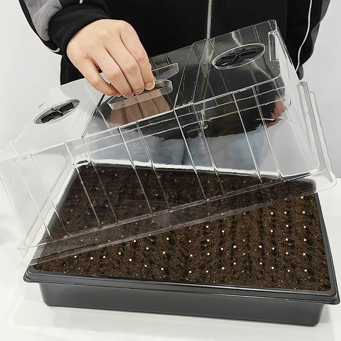 12-Pack Seed Starter Trays with 5'' Tall Humidity Domes – Thick Plastic, Reusable Seedling Tray with Clear Lids for Strong Plant Germination, Ideal Microgreen Growing Trays for Faster Seed Propagation