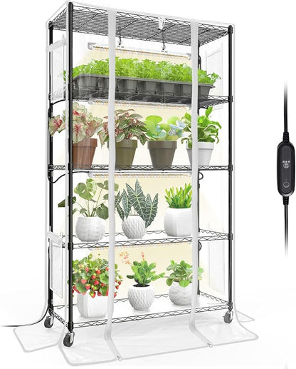 Bstrip Indoor Greenhouse with Grow Light, Mini Green House with 4 Pack 24W Full Spectrum Plant Lights with Timer, Plant Shelf with Tent for Indoor Plant, Seed Starting, Seed Tray, 35.4"x13.8"x59"
