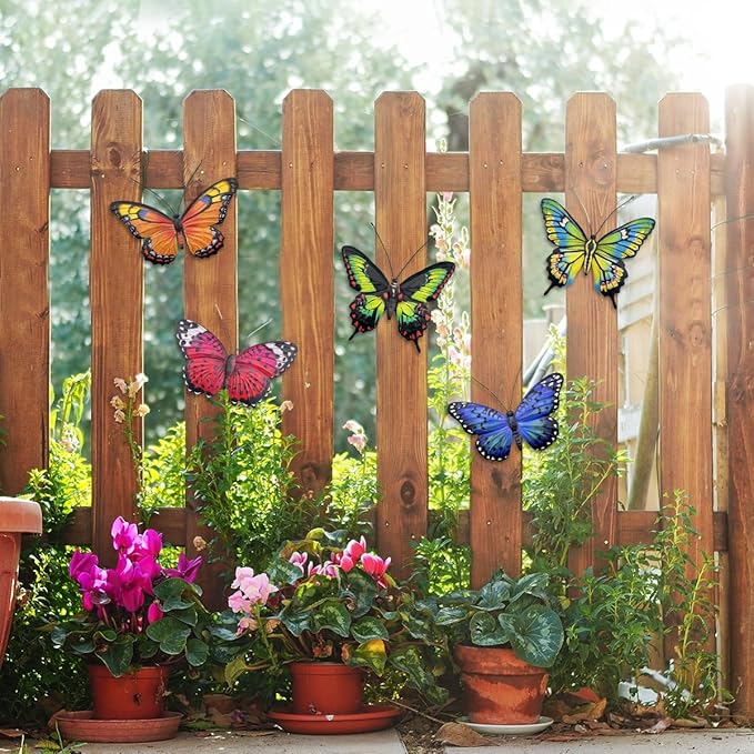 EOORAU Metal Butterfly Wall Outdoor Decor - 5 Pack Metal Butterflies Wall Art Sculpture Hanging Decor for Home Yard Patio Garden Decorations