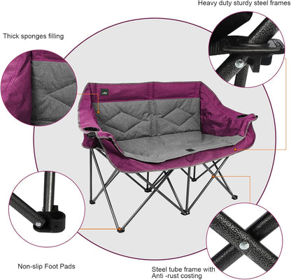Northroad Folding Loveseat Camping Chair Portable Double Duo Full Padded Garden Sofa Chair for 2 Person w/ 2 Cup Holder,Wine Glass Holder,Support 600lbs for Outdoor Travel (Purple)