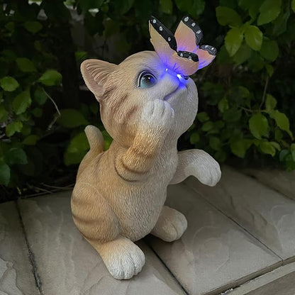 Garden Decor Solar Cat Figurines Cat Lover Gifts with LED Butterfly Lights for Indoor Outdoor Decor for Yard Garden Patio Decor Gifts for Women Grandma Mother's Day Birthday