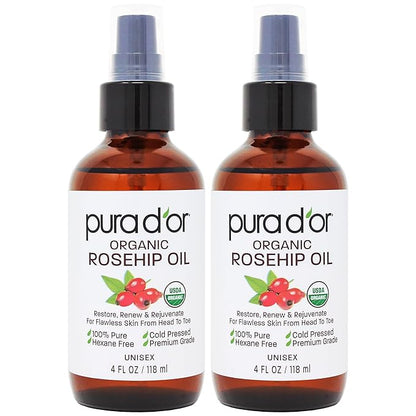 PURA D'OR ORGANIC Rosehip Seed Oil Hair Relaxer (4 Oz x2 = 8 Oz) 100% Pure Cold Pressed USDA Certified All Natural Anti-Aging, Scar Treatment, Gua Sha Massage, Face, Hair & Skin - Women & Men