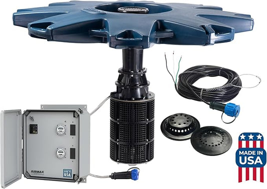 Airmax PondSeries Floating Fountain for Pond & Lake, Water Cooled Motor with 3 Spray Pattern Nozzles for Surface Aeration, 1/2 HP, 230 Volt, 150' Power Cord