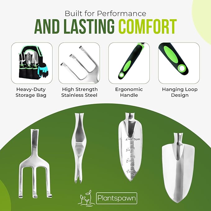 8 PCS Gardening Tools Set with Bag | Heavy-Duty Rust-Proof Hand Tools with Plastic Handles Includes 15 Plant Tags | Ideal Gift for Women, Men, Mom, Dad & Gardeners