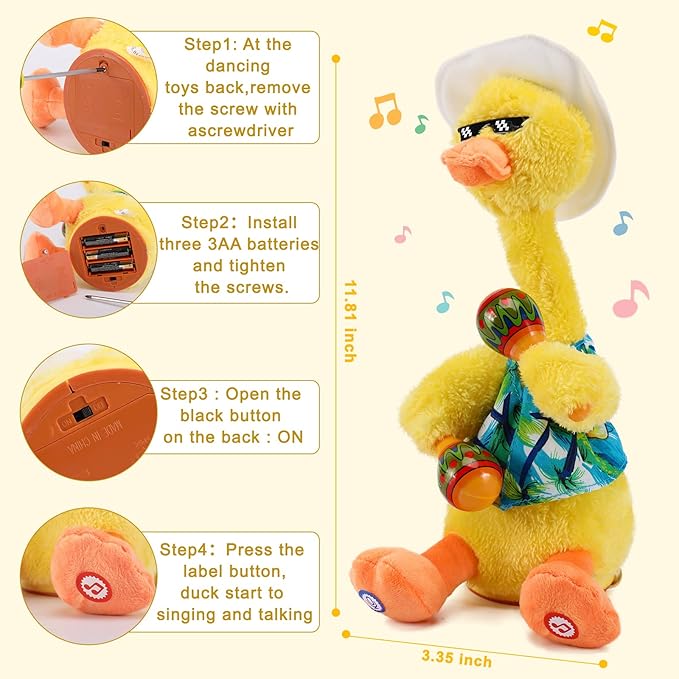 Talking Dancing Duck Toy, Repeating What You Say, Mimicking Toy Dancing Duck Baby Toys for Infants, Singing Duck Stuffed Animal Plush Toys, Baby Toys 6-12 Months Musical Interactive Tummy Time Gifts