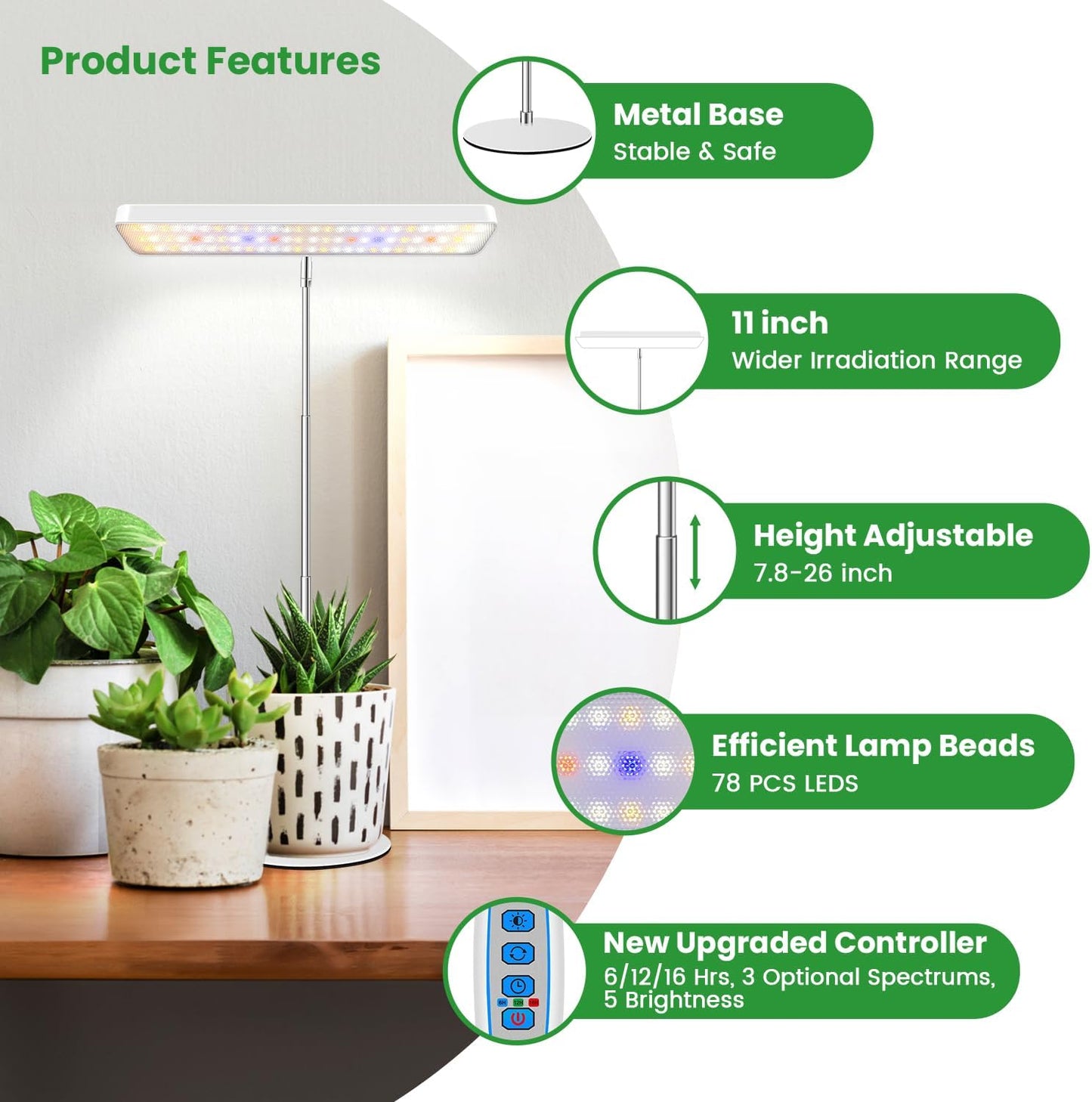 Wiaxulay Grow Lights for Indoor Plants, 78 LEDs Full Spectrum Plant Grow Light, Desk Grow Light with Auto Timer 6/12/16 Hrs, 3 Lighting Modes, 5 Dimmable Levels, Height Adjustable 7.8"-26", 3 Pack