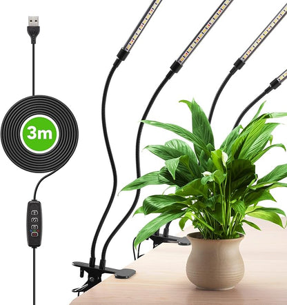 Plant Lights for Indoor Growing, Full Spectrum 4 Heads Clip Grow Lamps with 10 Feet Cables for Houseplants, Auto On Off Timing 3 9 12Hrs(2 Pack)