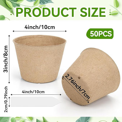 Augshy 4 Inch Peat Pots, 50 Pack Seed Starter Nursery Pots Round Plant Seedling with Drainage Holes for Garden Nursery Kits Seedlings Seed Starting Tray with 50 Plant Labels