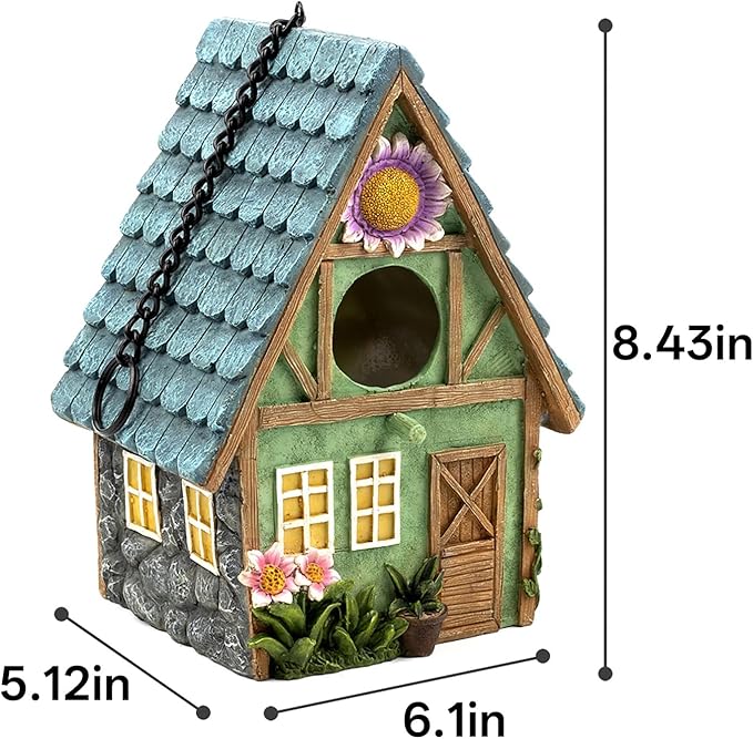 Cottage-Style Hanging Birdhouse with Flower Accents – Hand-Painted Resin Decorative Bird House for Outdoors, Weather-Resistant Garden Decor for Small Birds