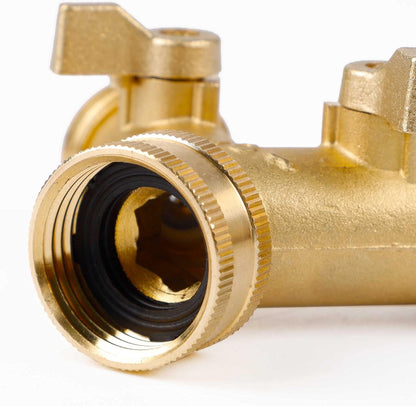 Triumpeek 2-Pack Brass Garden Hose Splitter, 3/4 Inch 2-Way Y Shaped Water Faucet Adapter with Dual Shut-Off Valves, Leak-Proof Design, Includes 4 O-Ring Washers & 1 Tape