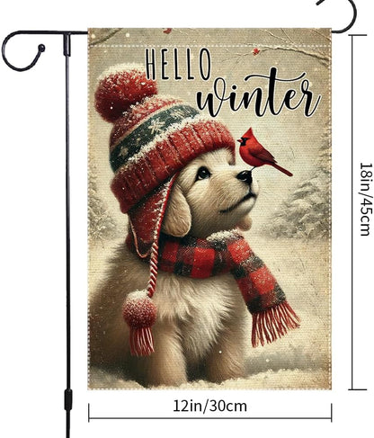 Hello Winter Dog Garden Flag 12x18 Vertical Double Sided Cardinal Bird Snow Christmas Holiday Outside Decorations Burlap Yard Flags
