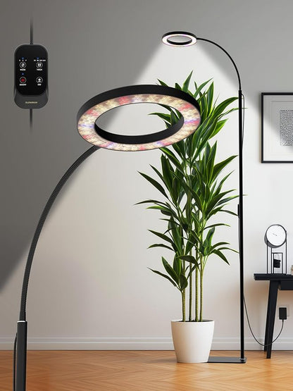 GLOWRIUM Grow Lights for Indoor Plants, 24W Full Spectrum LED Grow Light, Stepless Dimming,3 Lighting Mode and Adjustable Height, Plant Light with 3/9/12/16H Timer (Black, 24W)