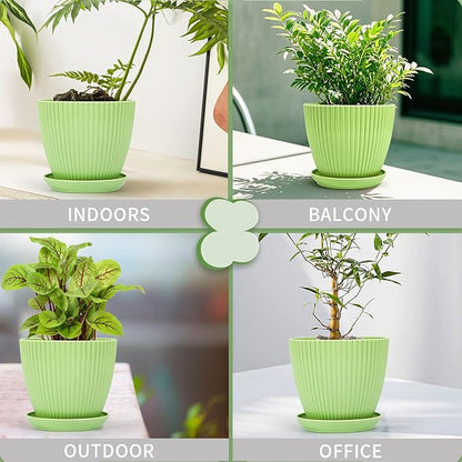 Plant Pots Indoor with Saucers & Drainage - 6 Pack Flower Pots - Plastic Planters for Indoor Planter - 7.5/6.6/5.8/5.0/4.3/3.5 inches Sizes for All Different Types of Plants-Light Green