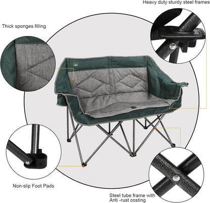 Northroad Folding Loveseat Camping Chair Portable Double Duo Full Padded Garden Chair for 2 Person Sofa w/ 2 Cup Holder,Wine Glass Holder,Mesh Storage,Support 600lbs for Picnic Beach Travel