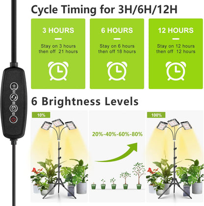 LORDEM Plant Grow Light with Stand, Full Spectrum LED Growing Lamp, Tri-Head with 3H/6H/12H Timer, 6 Dimmable Levels, 3 Lighting Modes, 15"-63" Adjustable Tripod