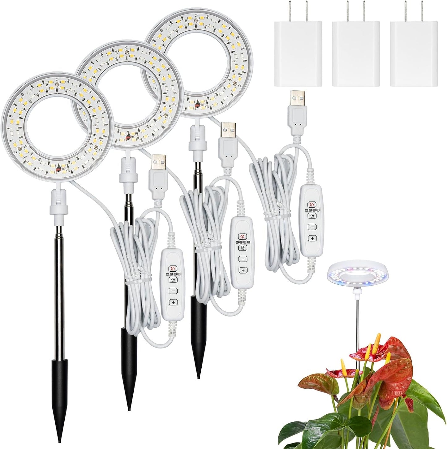 Plant Lights for Indoor Growing, Full Spectrum Grow Light with 48 LEDs, 5 Dimmable Levels Super Bright Halo Grow Lights, with Automatic Timer, Height Adjustable 7"-17", Pack of 3