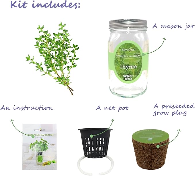 Hydroponic Herb Growing Kit, Self-Watering Mason Jar Herb Garden Starter Kit Indoor, Window Herbs Garden, Grow Your Own Herbs from Organic Seeds (Thyme)