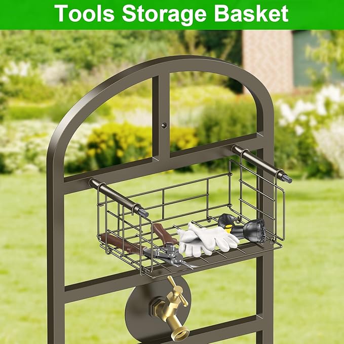 GOFORWILD Garden Hose Holder with Brass Faucet, Freestanding Water Hose Stand with Storage Basket, Detachable Heavy Duty Hose Reel Hanger Holds 150-Feet Hose for Outside Patio Yard Lawn