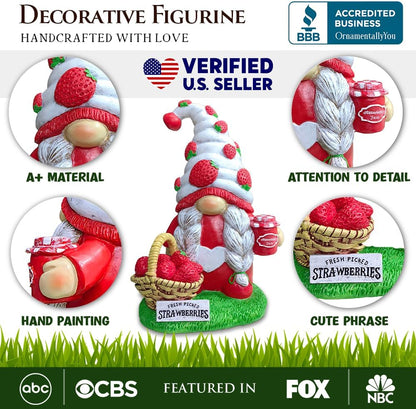 Spring & Summer-Themed Garden Statues – Adorable Outdoor Decor for Lawn, Patio & Porch (Charming Homestead Strawberry Gnome Garden Statue, 9.5" Farmhouse Style Unique Fruit Home Decor)