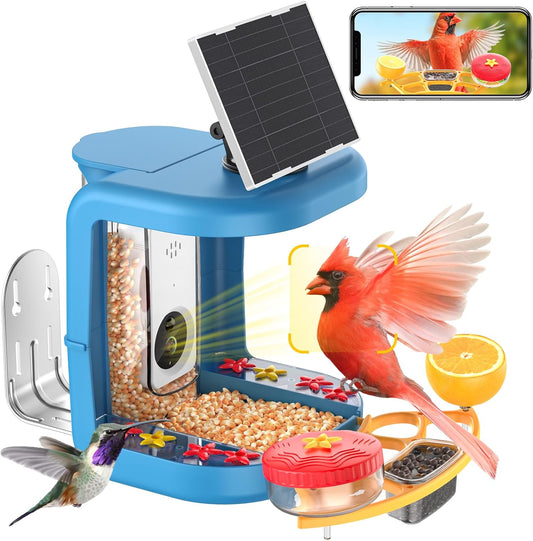 Solar-Powered Smart Bird Feeder with Camera Solar Powered,2K Video Recording, Auto Bird ID & Extensive DIY Accessories,2 in 1 Hummingbird Feeder Camera Ideal Present for Bird Lovers (Blue)