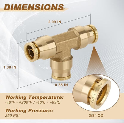 3/8" Quick Push to Connect Fittings Brass Union Tee Shaped Joint DOT Approved 3/8 Inch OD 3 Way Tube Air Line Adapter Air Spring Suspension Kit for Car Truck Trailers and Air Brake System 2pcs