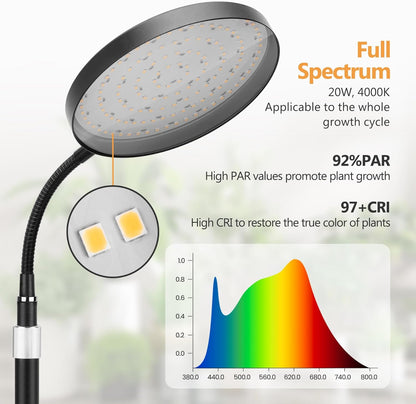 Grow Light for Indoor Plant, 20W Full Spectrum Round Growing Warm Lights,10 Dimmable Brightness,LED Floor Growing Lamp,Height Adjustable,Flexible Gooseneck,Automatic Timer for Large Tall Plants