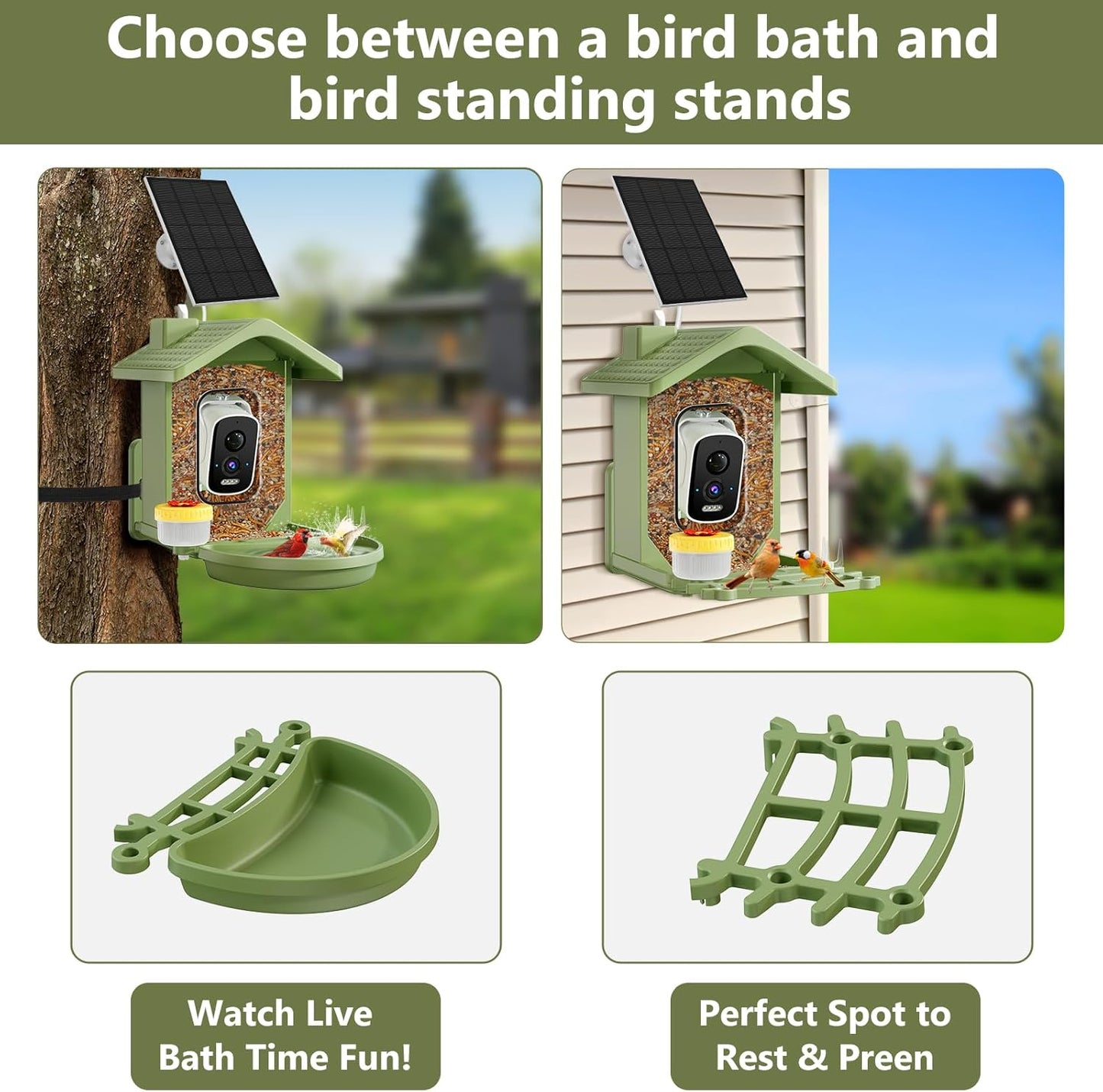 Smart Bird Feeder with Camera Solar Powered, AI Birds Species Identification, 2.5k HD Video Bird House with Camera for Outside, Weatherproof Design Ideal Gifts for Bird Lovers, Green
