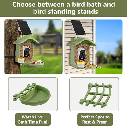 Smart Bird Feeder with Camera Solar Powered, AI Birds Species Identification, 2.5k HD Video Bird House with Camera for Outside, Weatherproof Design Ideal Gifts for Bird Lovers, Green