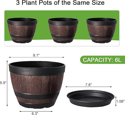 VECELO Plant Pots with Drainage Holes & Saucer, 9 Inch Flower Pots with Tray, 3 Pack Plastic Whiskey Barrel Planters for Indoor & Outdoor Garden Home Plants and Flowers