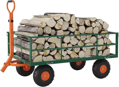 Versatile Garden Cart for Lawn and Yard with Heavy Duty Steel, 1200 Lbs Capacity Mesh Steel Garden Cart Folding Utility Wagon with Removable Side Panels, Long Handle, 10" Tires - Green and Orange