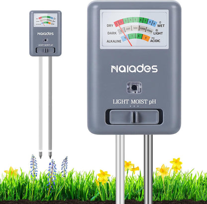 Professional 3-in-1 Soil Tester - Moisture/Light/pH Meter with Lab-Calibrated Probes, 90° Rotatable Display for Indoor/Outdoor Plants (Battery-Free) (Grey)