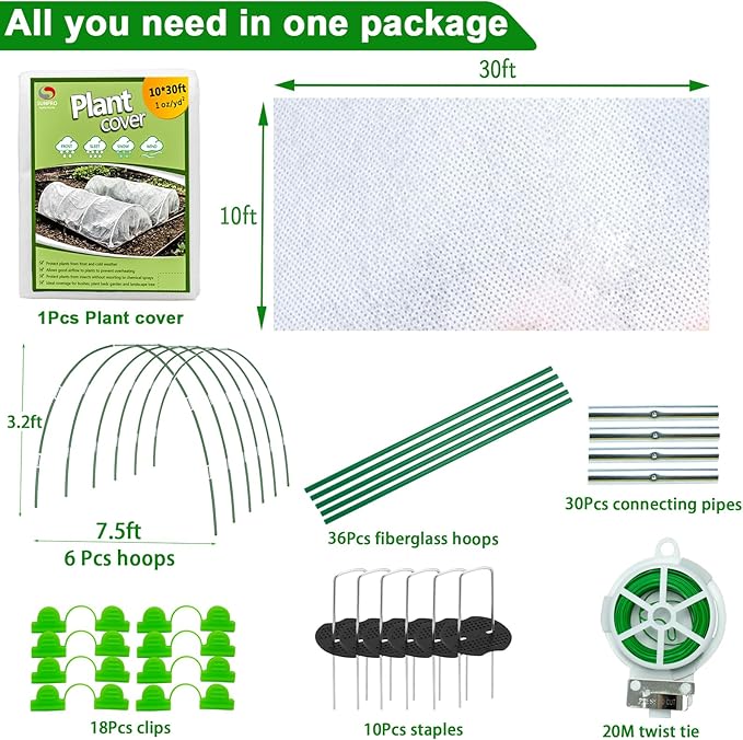 Plant Covers Freeze Protection Kit, 10 x 30Ft Frost Cloth and 6Pcs Fiberglass Garden Hoops 1oz/yd² Floating Row Cover with Greenhouse Hoops Frost Blanket for Winter Garden Covers for Raised Beds