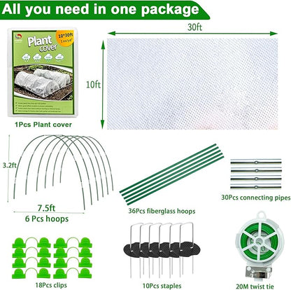 Plant Covers Freeze Protection Kit, 10 x 30Ft Frost Cloth and 6Pcs Fiberglass Garden Hoops 1oz/yd² Floating Row Cover with Greenhouse Hoops Frost Blanket for Winter Garden Covers for Raised Beds