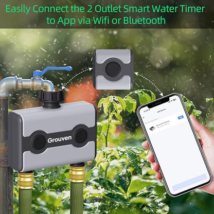 WiFi Sprinkler Timer 2 Outlet Water Timer with Rain Delay APP Control via 2.4Ghz WiFi and Bluetooth Outdoor Watering Automate Water & Sprinkler Schedules for Garden