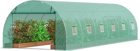 VEVOR Walk-in Tunnel Greenhouse, 29.2x9.7x6.5 ft Hoop House Greenhouse Tunnel, Plant Hot House with Galvanized Steel Frame, Green PE Cover, Roll-up Zipper Door and 12 Windows for Outdoor