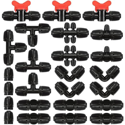 25-Piece 1/2" Drip Irrigation Fittings Kit - Anti-Drop Barbed Locked Nut Connectors for 1/2" Drip Tubing