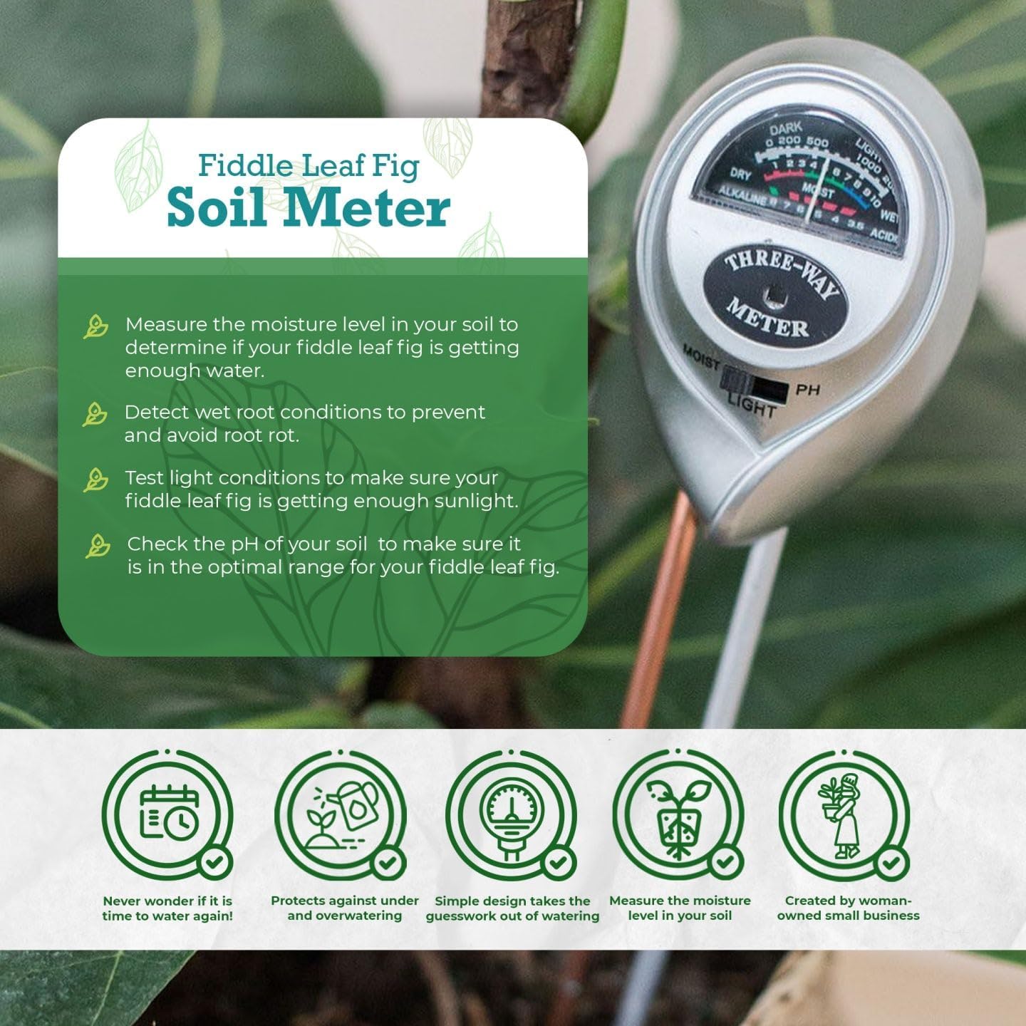 Houseplant Resource Center Fiddle Leaf Fig 3-in-1 Soil Moisture Meter for Plants – Best Indoor Plant Water Meter for Potted Houseplants - Light & Moisture Sensor Probe for Optimal Growth