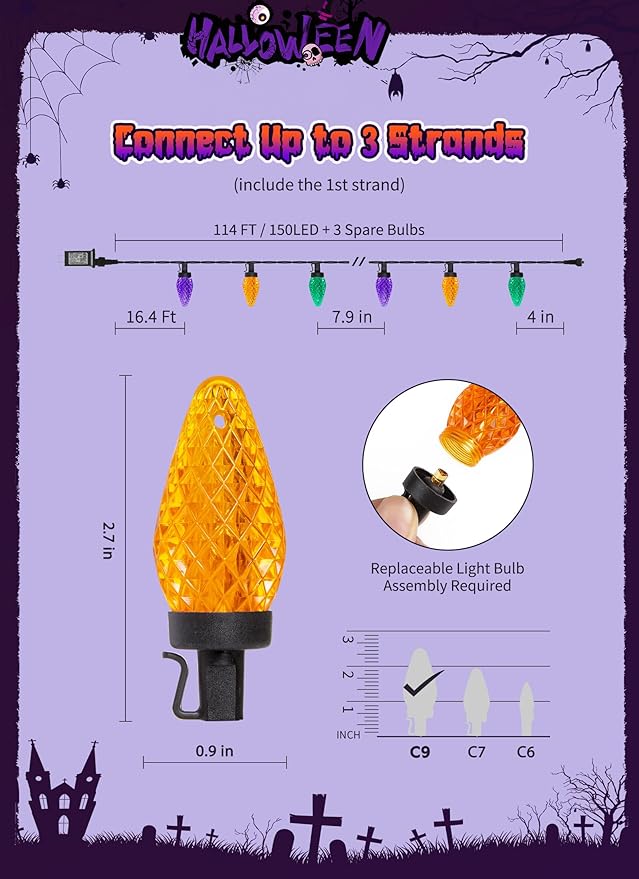 Brightown Halloween C9 LED String Lights, 114FT 150 LED Orange Purple and Green Halloween Lights with Timer & 8 Modes, Plug-in Waterproof Outdoor Lighting for House Patio Yard Porch Roof